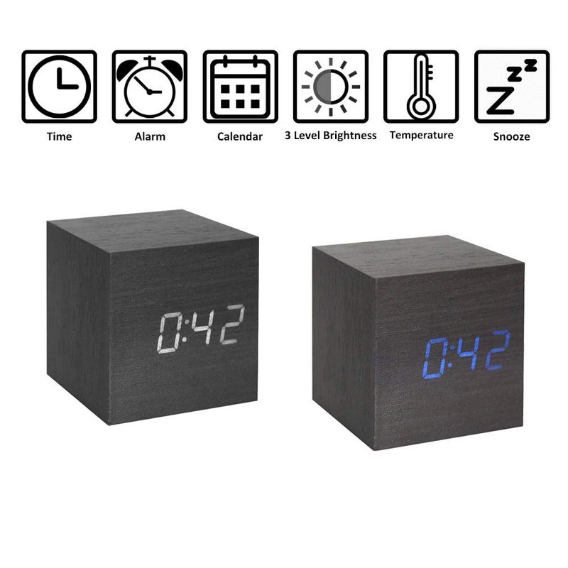 Lancoon Wooden Alarm Clock - Mini Cube LED Digital Clock with Time/Date/Temperature Display, 3 Levels Brightness and Voice Control Great for Home Office Travel - AC10Black_Blue - Image 2